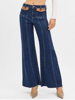 🆕Risen High-Rise Wide Flare Jeans Pintuck Seams Faux Leather Patch Pocket Denim